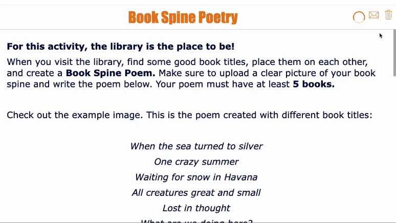 Upload activity for student-created book spine poetry using book titles