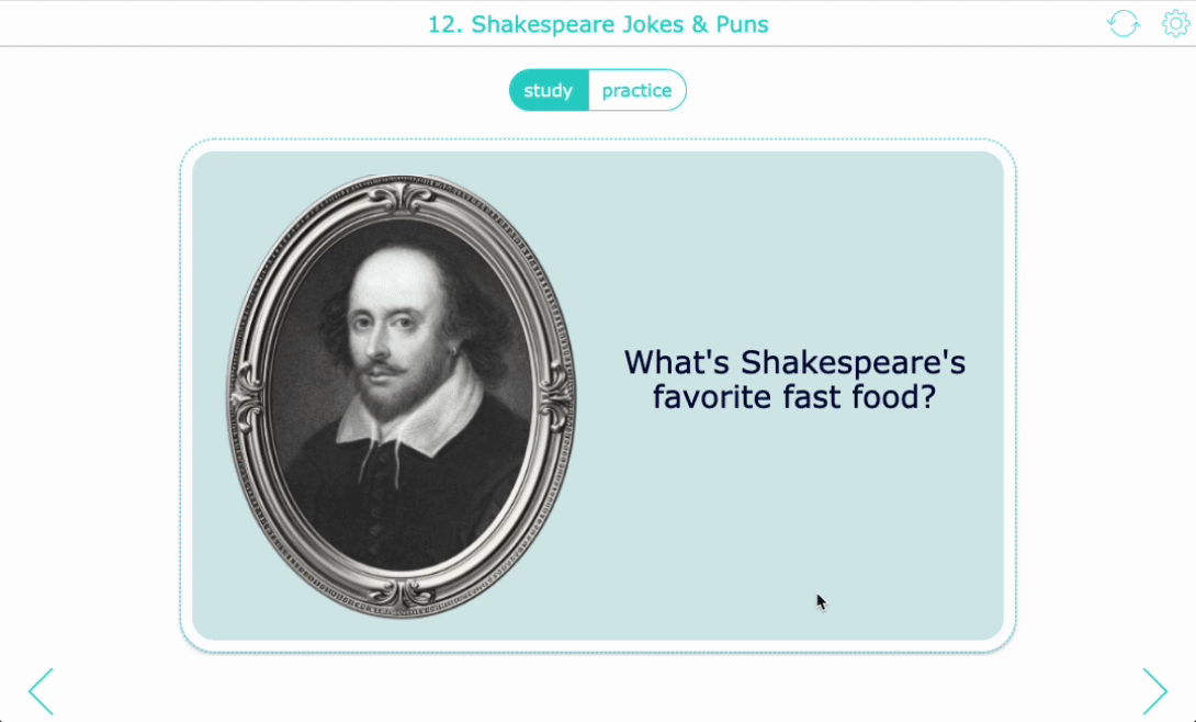 Shakespeare-themed flash card jokes for a humorous poetry lesson