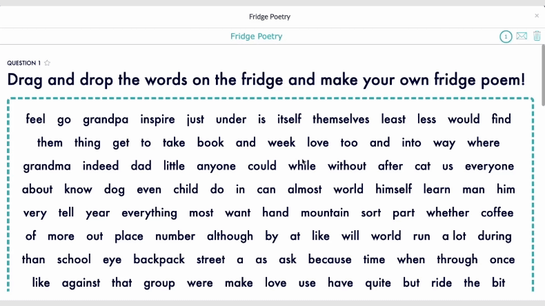 Virtual drag-and-drop magnetic poetry word game for student-created poems