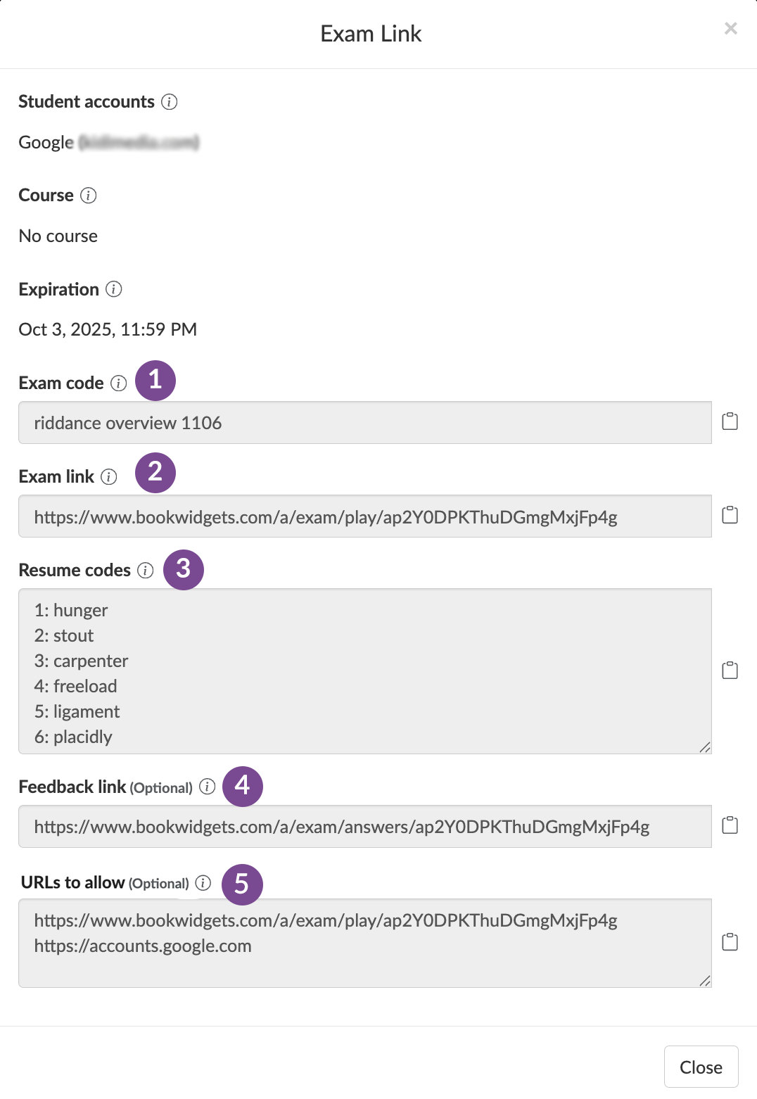 Sharing a BookWidgets exam link or exam code with students