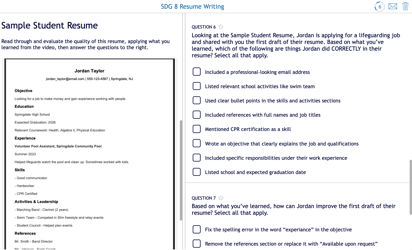 Screenshot of a Split Worksheet resume writing activity for students, featuring a sample resume and multiple-choice questions evaluating resume strengths and areas for improvement.