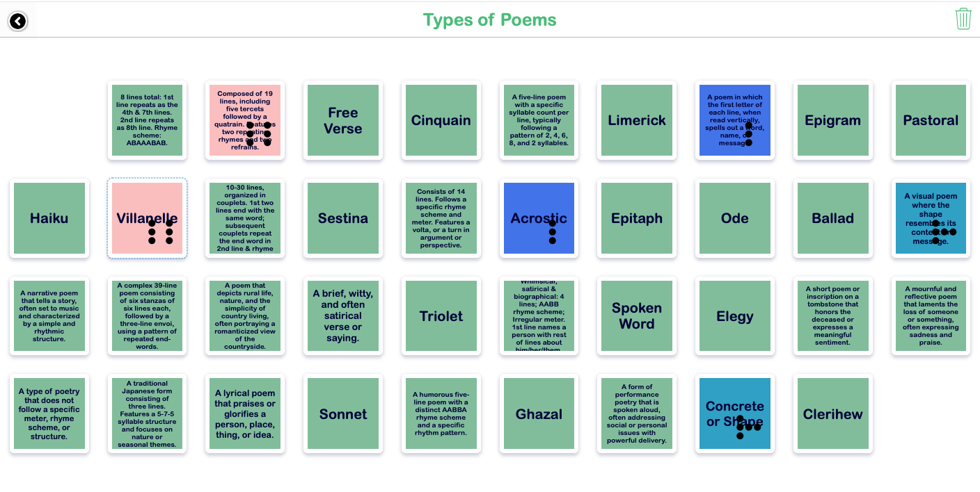 Pair matching game for types of poems