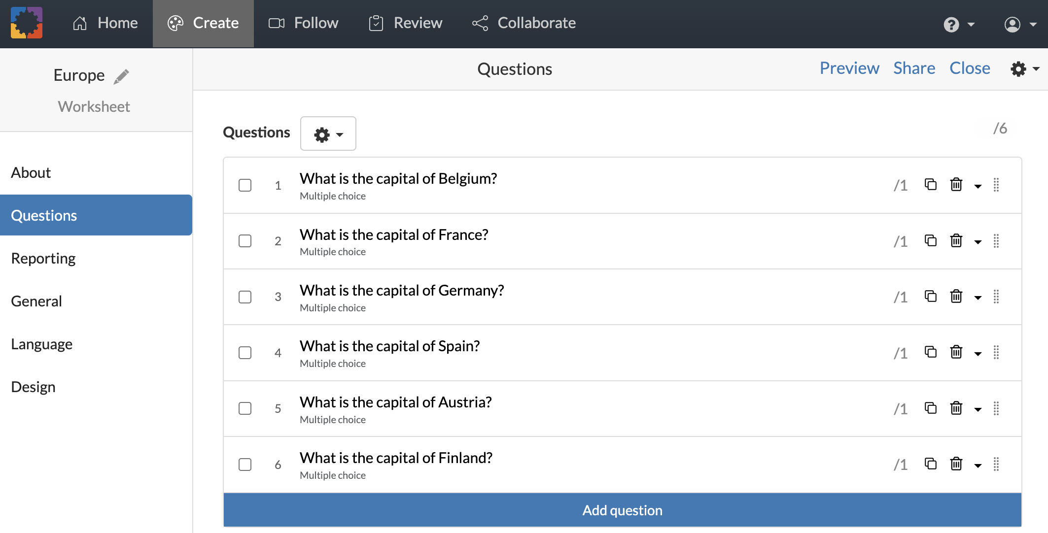 Screenshot of widget editor with newly imported questions added
