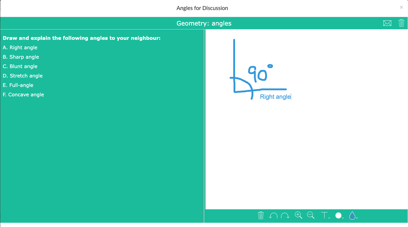 Split Whiteboard widget for angles drawing and explanation activity