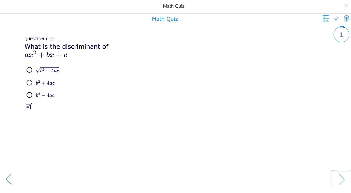 Quiz widget showing various math question types with LaTex and scratchpad