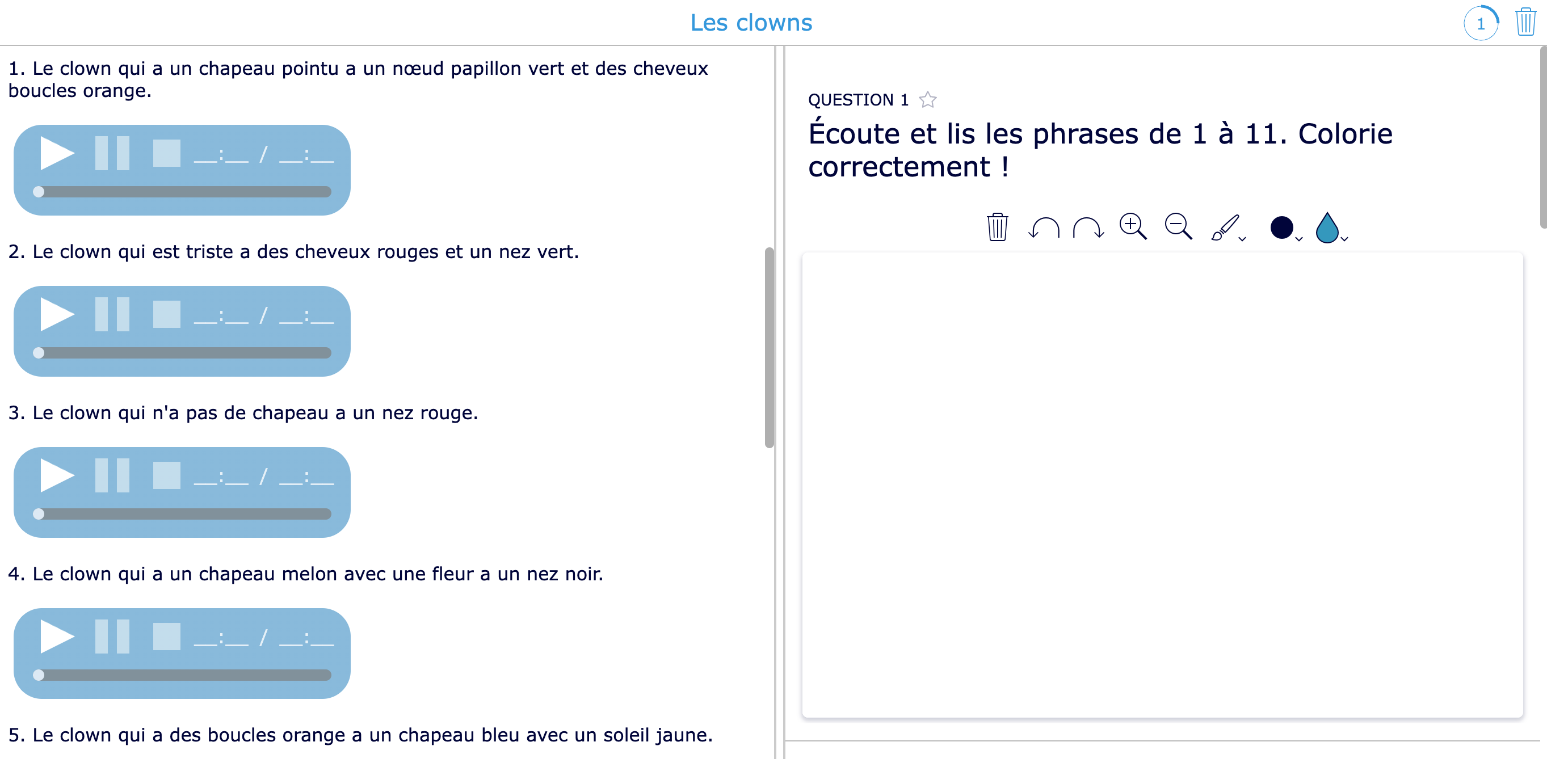 French listening comprehension exercise in a split whiteboard)