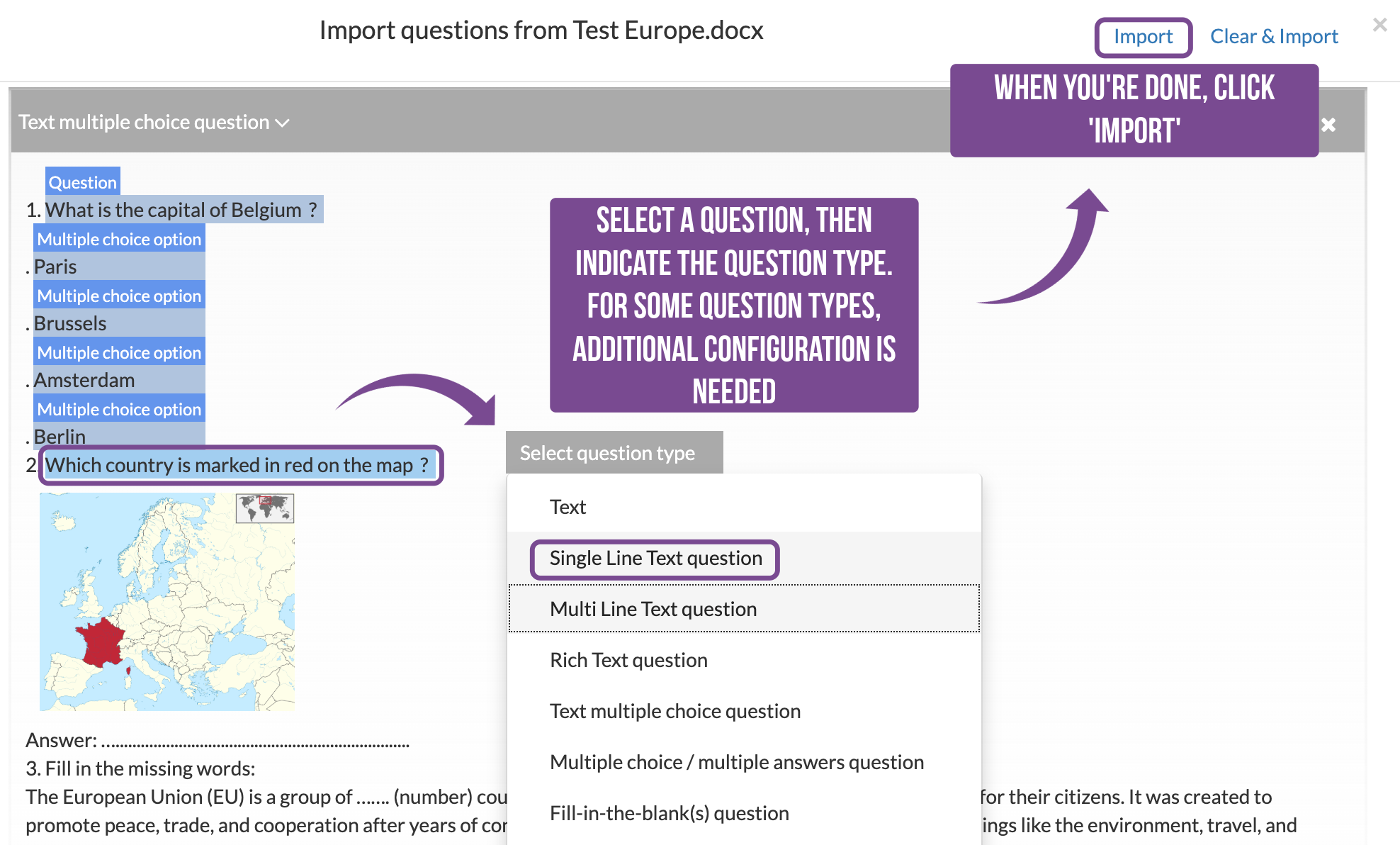 Interface for selecting questions to import into a BookWidgets widget