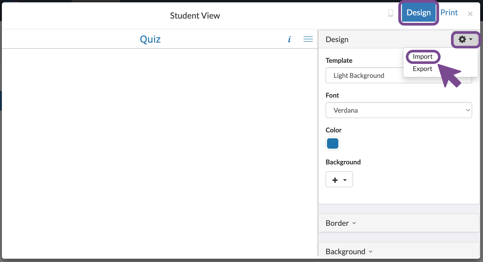 Screenshot of BookWidgets import menu from the cogwheel icon