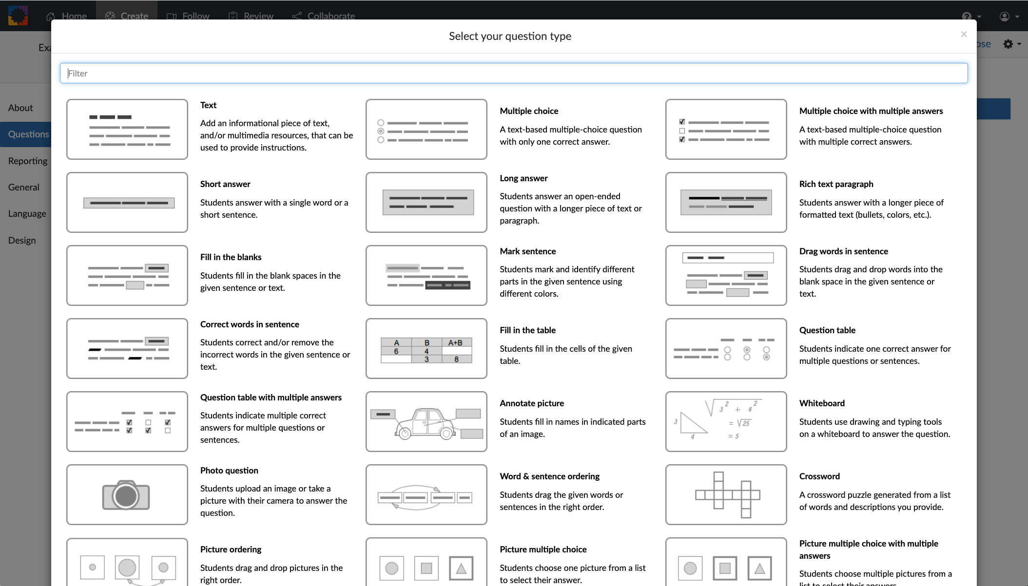 BookWidgets question type selection screen for creating digital exams, highlighting options for auto-graded and open-ended questions