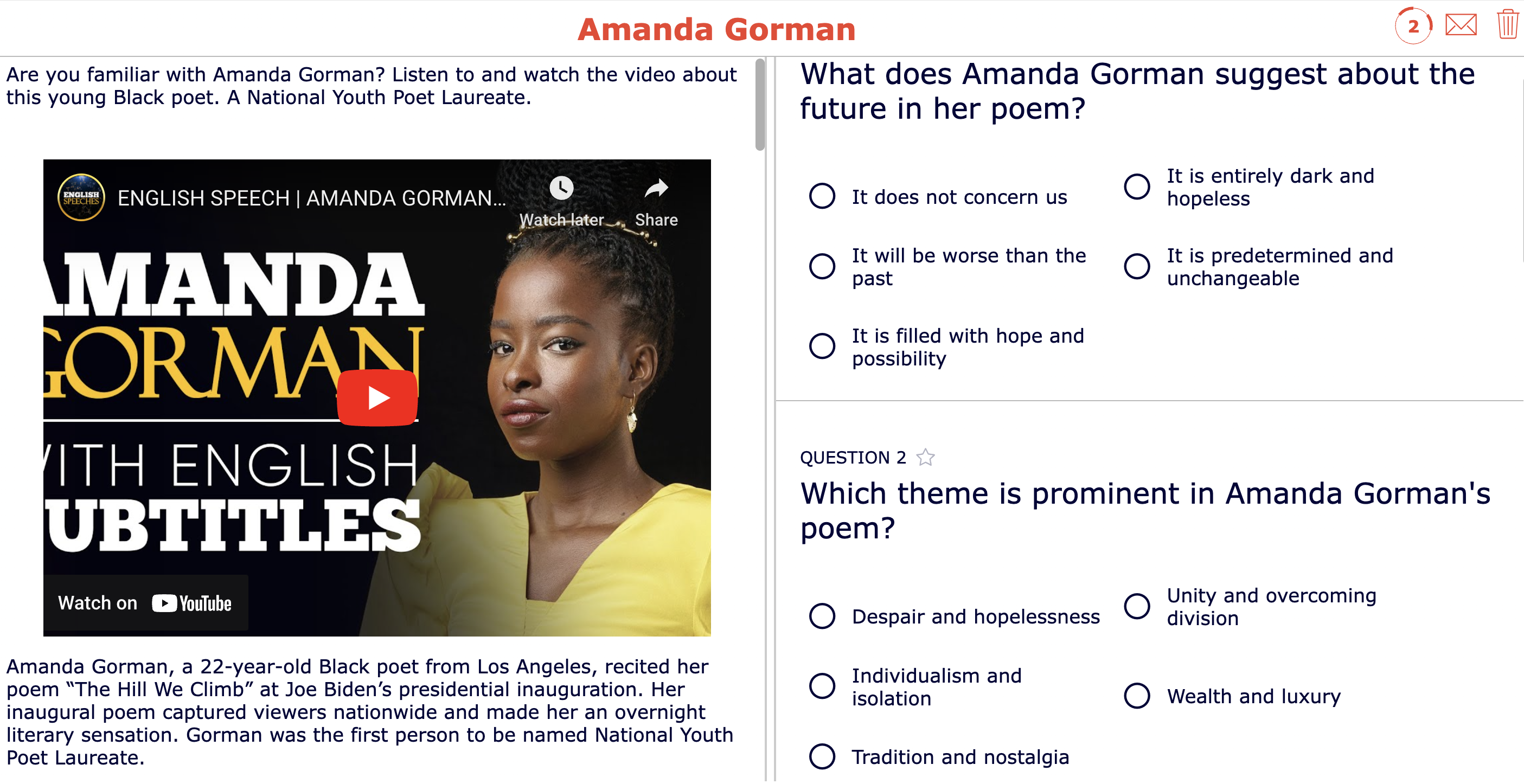 The hill we climb - Amanda Gorman - SDG 5 lesson