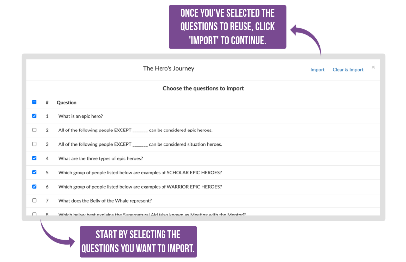 Interface for selecting questions to import into a BookWidgets widget
