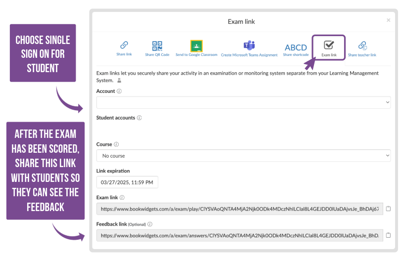 Upcoming BookWidgets feature showing how to share exams using an Exam Link with third-party proctoring tools like Classroom Cloud, Blocksi, or Senso