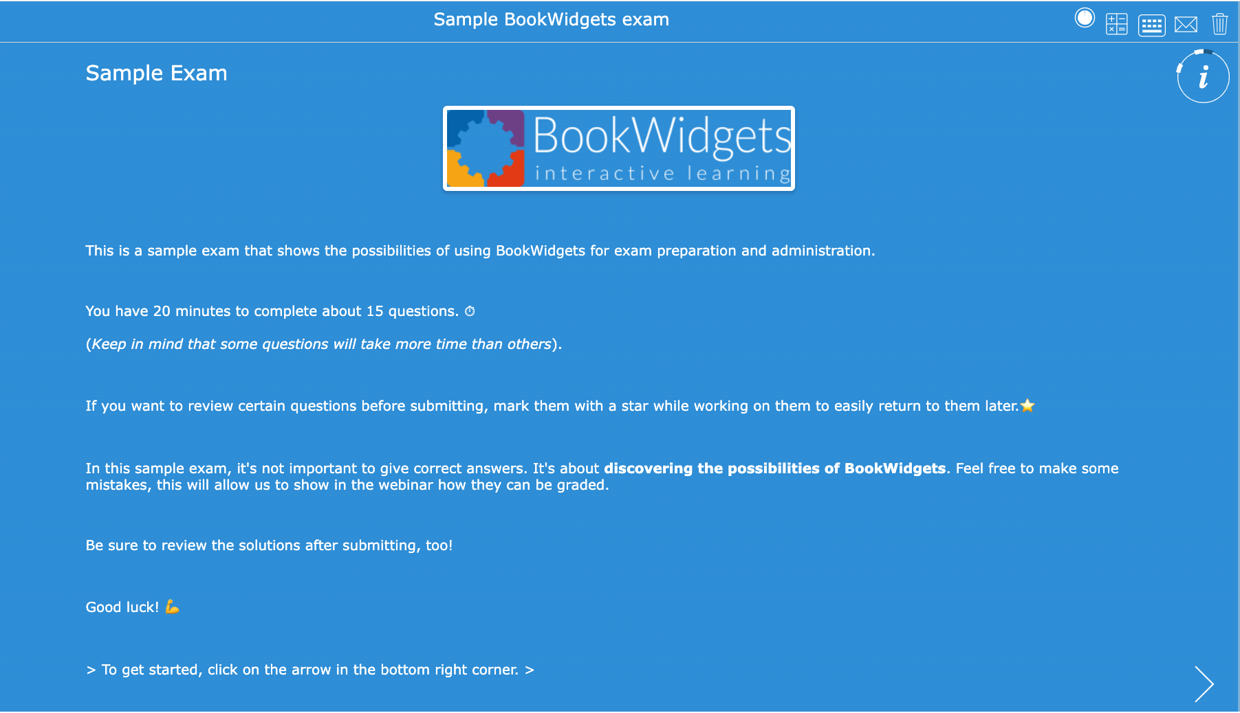Interactive sample digital exam created with BookWidgets, featuring automated feedback, answer rationales, and personalized grading from the student’s perspective