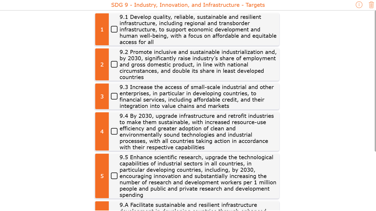 checklist with all the themes and target goals set for SDG 9