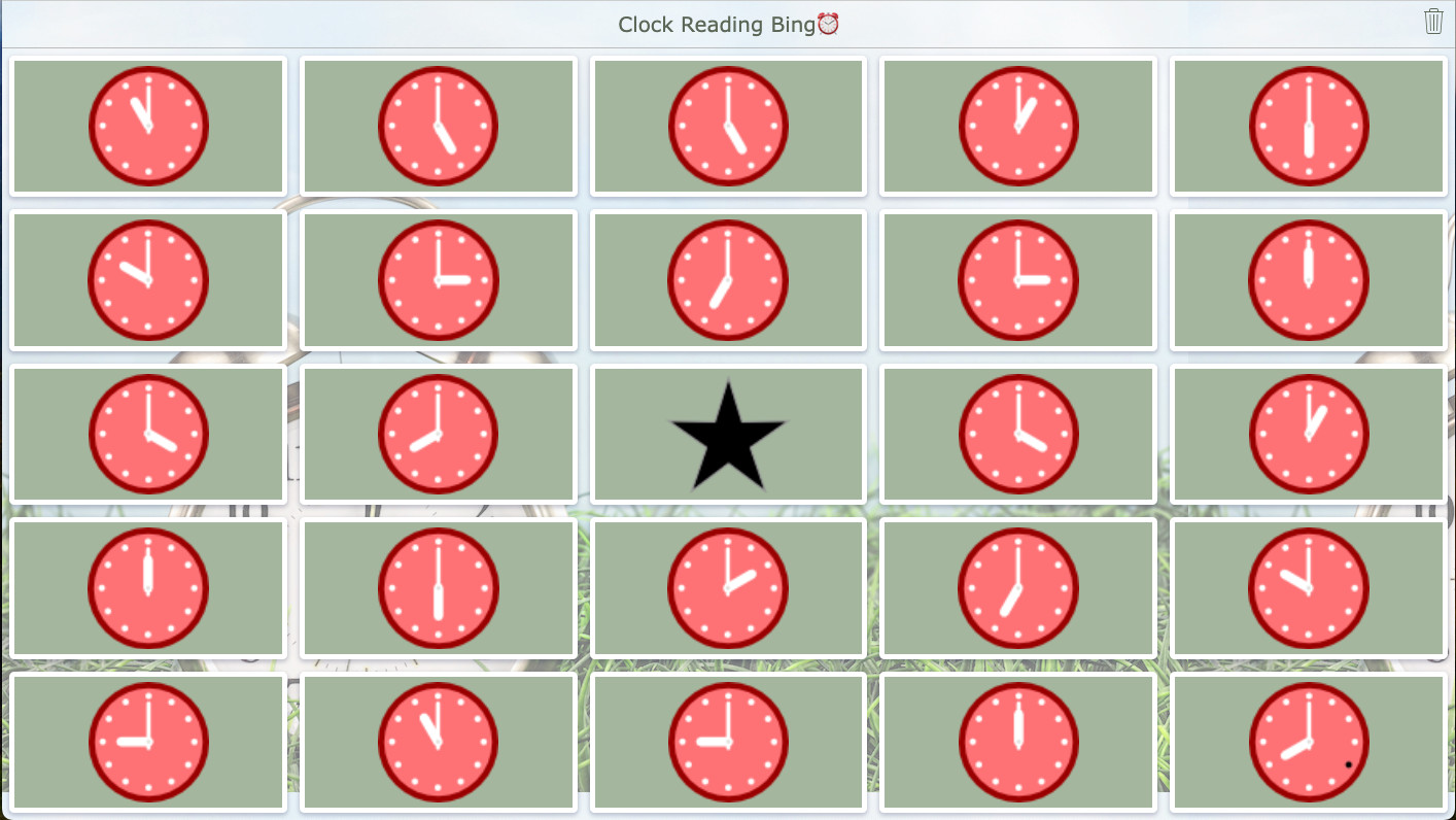 Clock Bingo game for telling time using BookWidgets Bingo Card widget