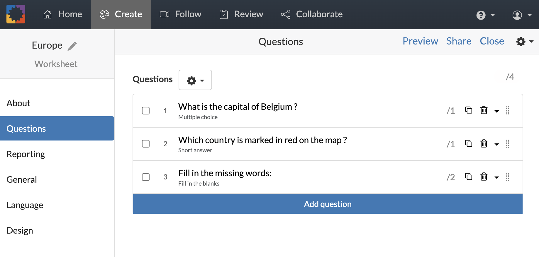 Screenshot of widget editor with newly imported questions added