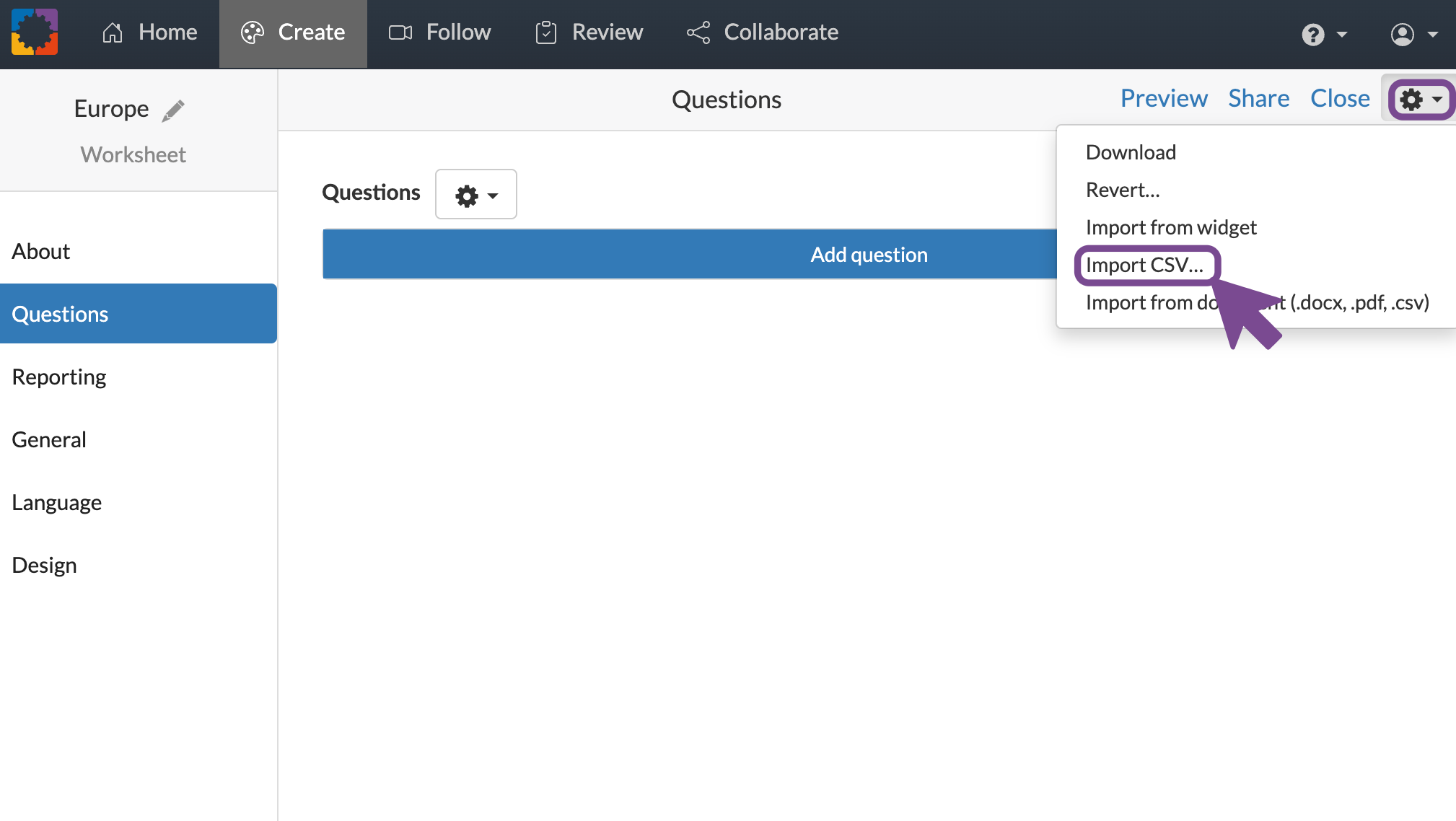 Screenshot of BookWidgets import menu from the cogwheel icon