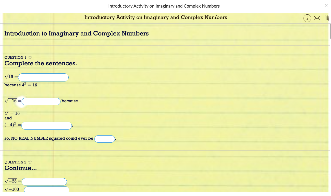 Worksheet widget introducing imaginary and complex numbers – Brian White