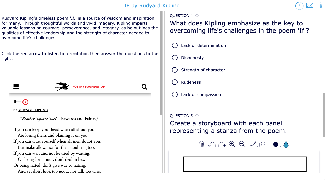 Interactive worksheet with embedded video and poetry storyboard questions