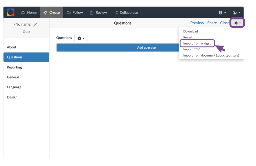 Screenshot of BookWidgets import menu from the cogwheel icon