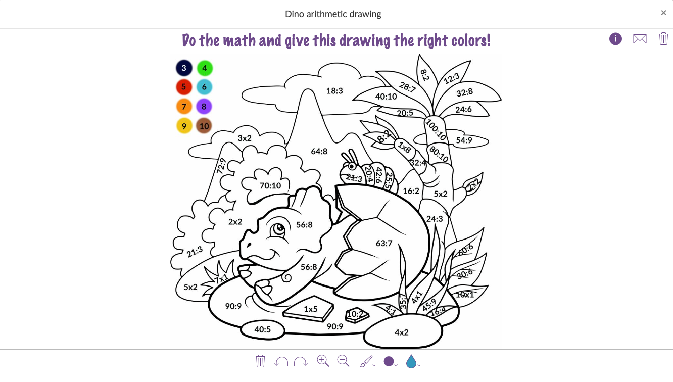 Whiteboard widget with dinosaur paint by number math activity