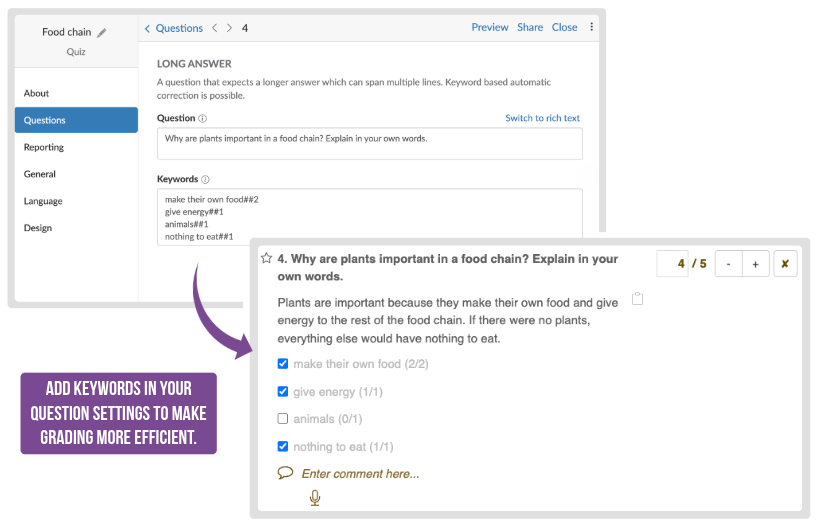 Teacher view showing how to add a rationale to a question and how it appears in the grading dashboard