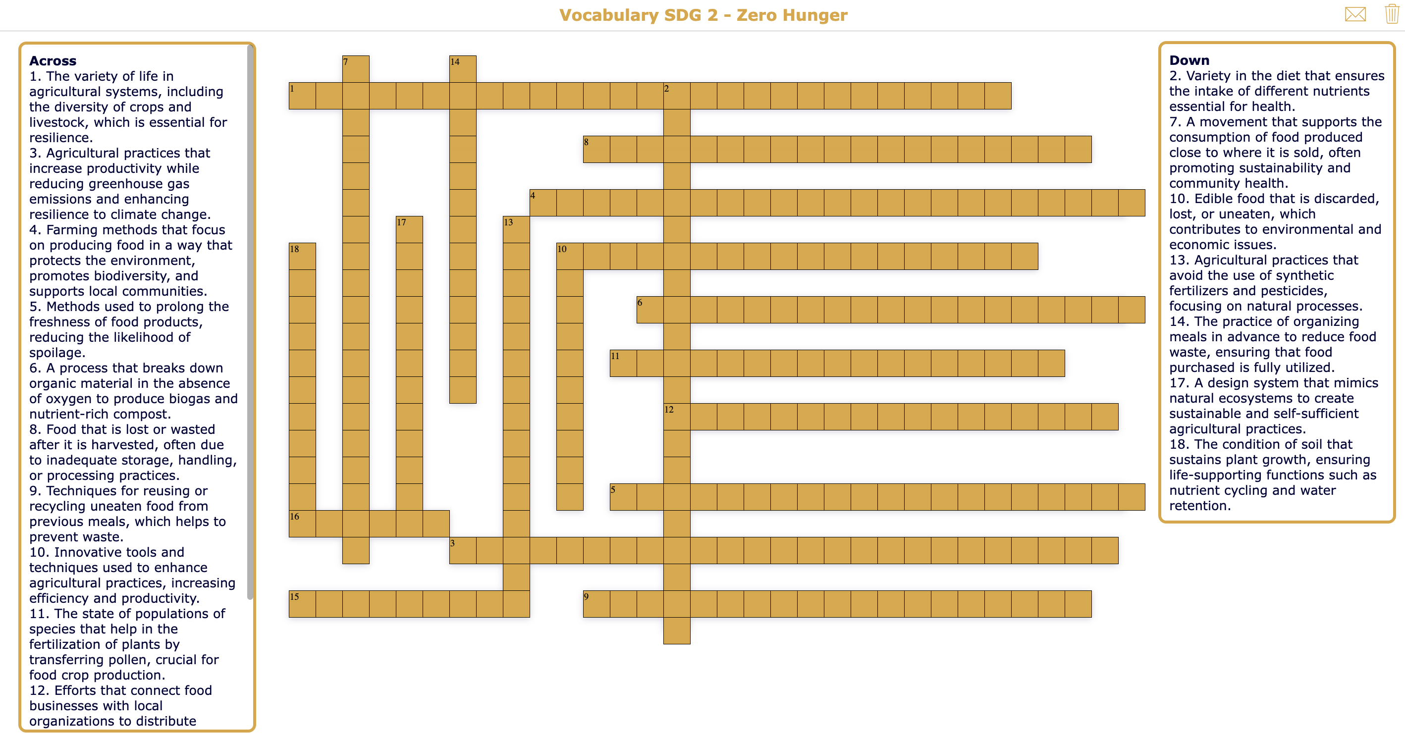Crossword Vocabulary SDG 2 - Zero Hunger