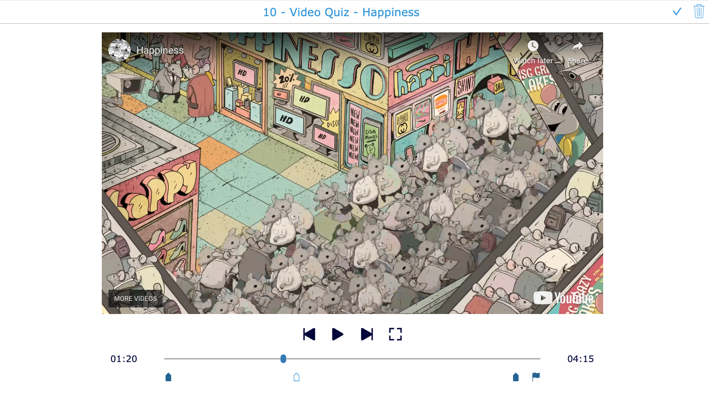 Video Quiz showing a scene from the short film Happiness by Steve Cutts with cartoon rats rushing through a crowded mall.