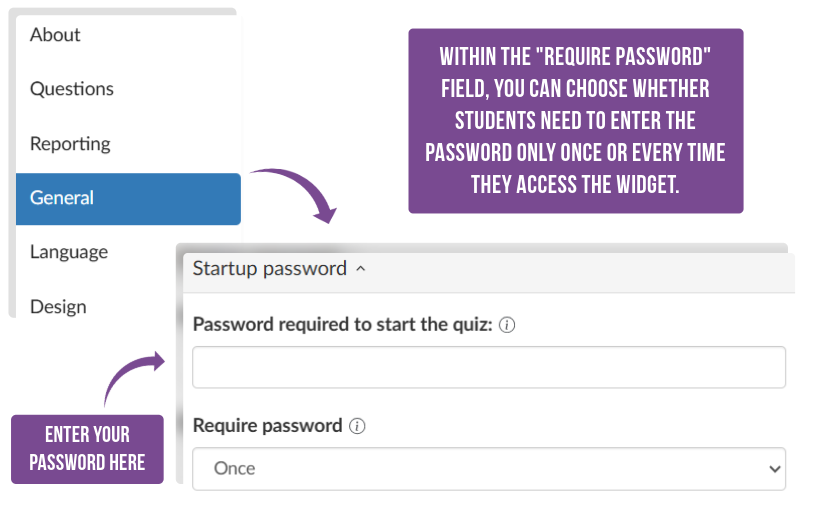 BookWidgets settings for sharing a secure digital exam via LMS with startup password, copy-paste restrictions, and background color customization to deter cheating