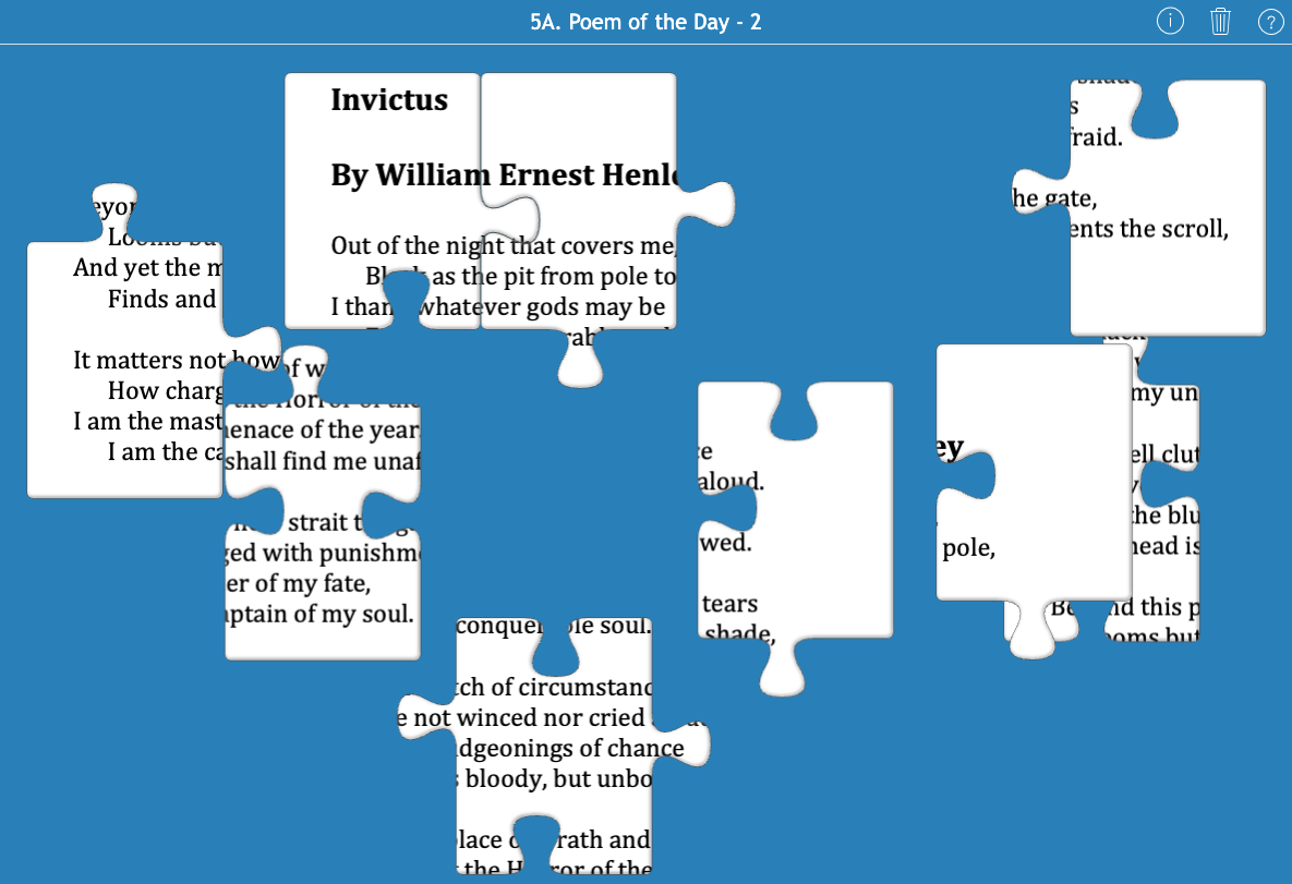 Jigsaw puzzle activity with poem reveal and audio recitation of Invictus