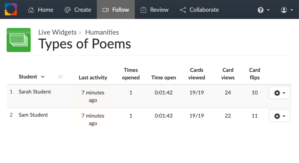 Live monitoring student progress using BookWidgets flashcard game