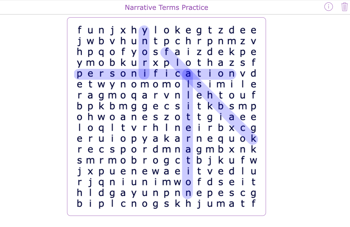 Advanced word search with hidden narrative terms and no hints