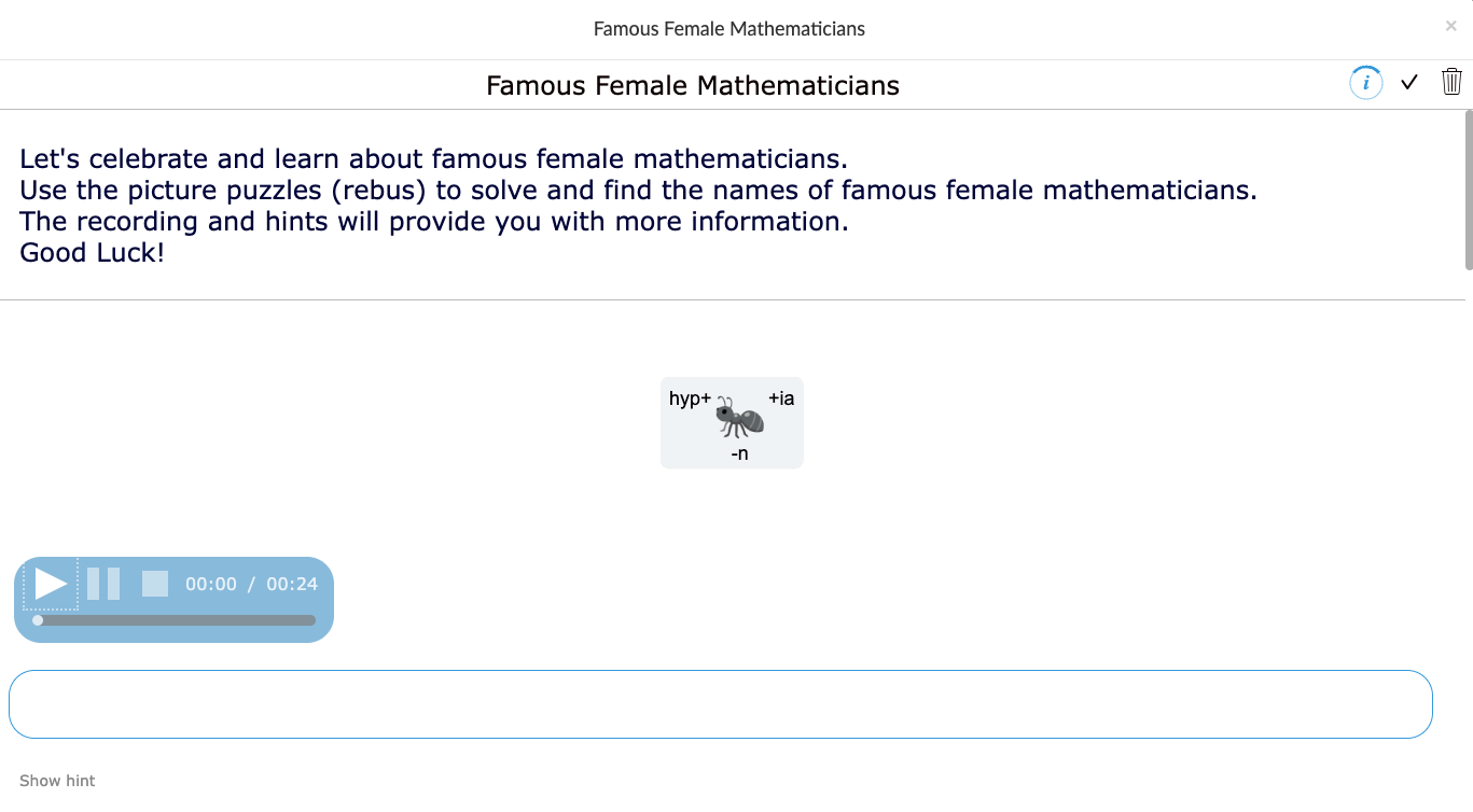 Worksheet widget with rebus puzzle to discover famous female mathematicians