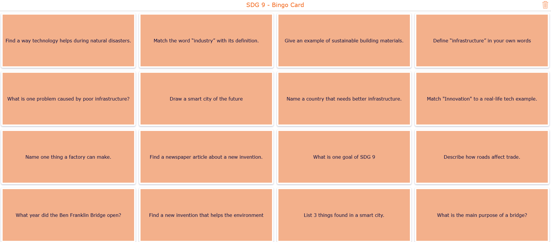Bingo excercise about SDG 9