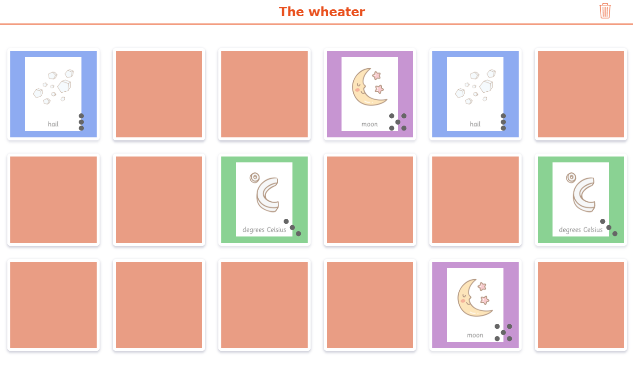 Weather-themed memory game with customizable reward message for students