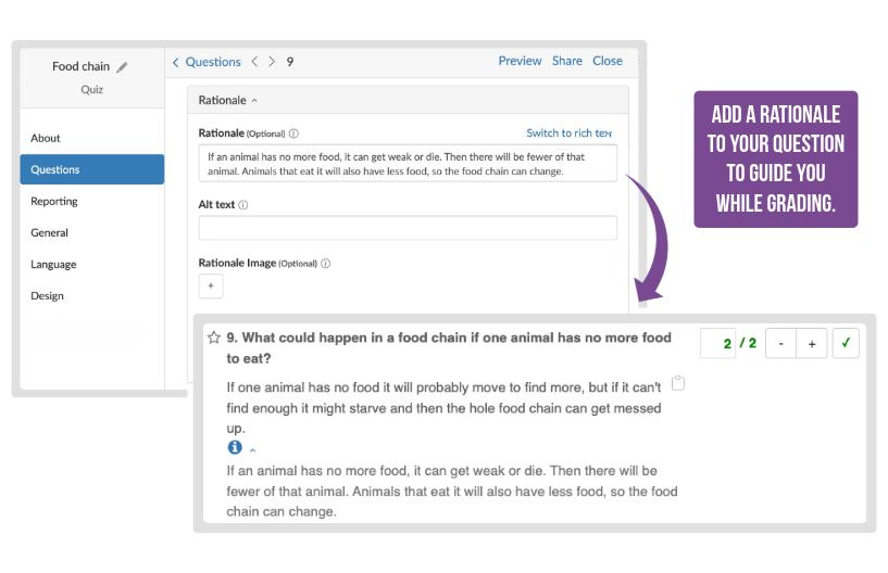 Teacher view showing how to add keywords and their use in the grading dashboard