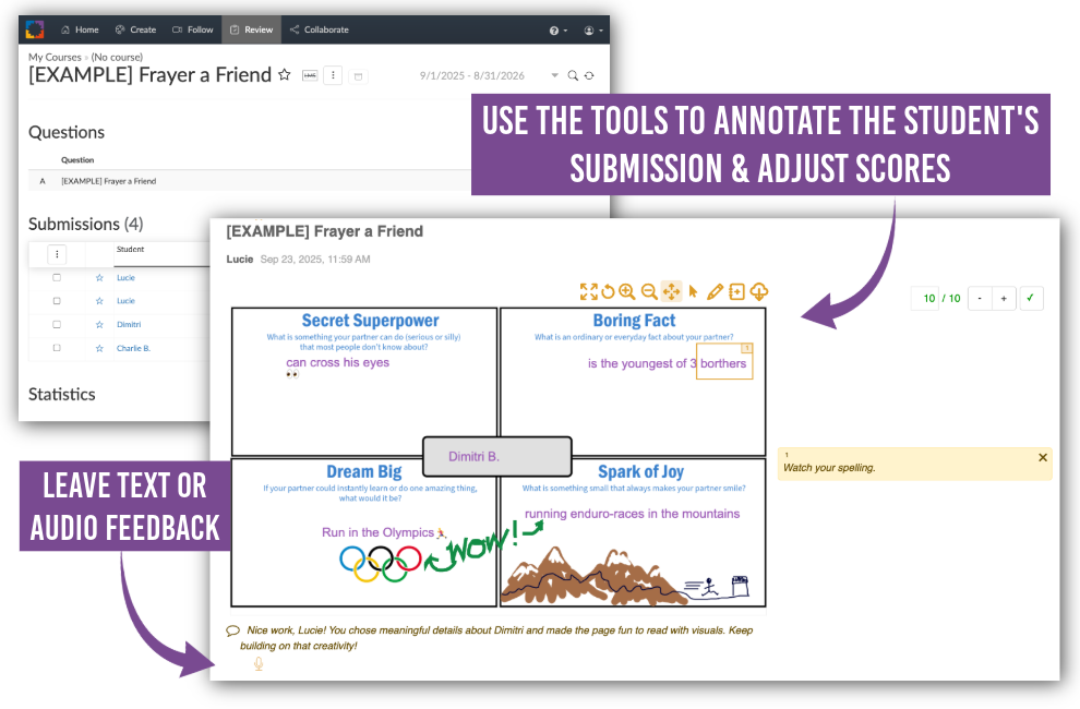 Teacher view of providing feedback on student's "Frayer a Friend" task
