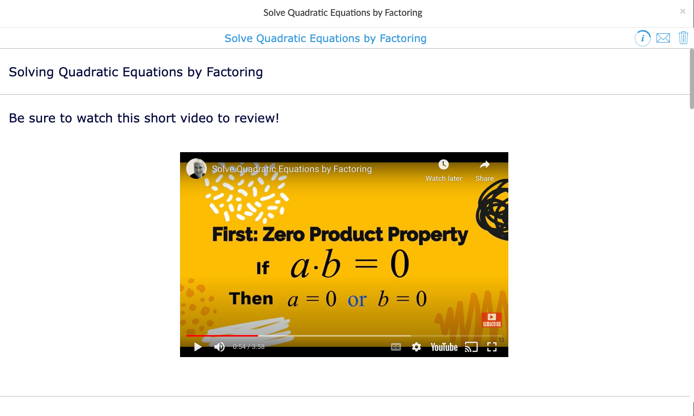 Worksheet widget with embedded video on solving quadratic equations – Brian White