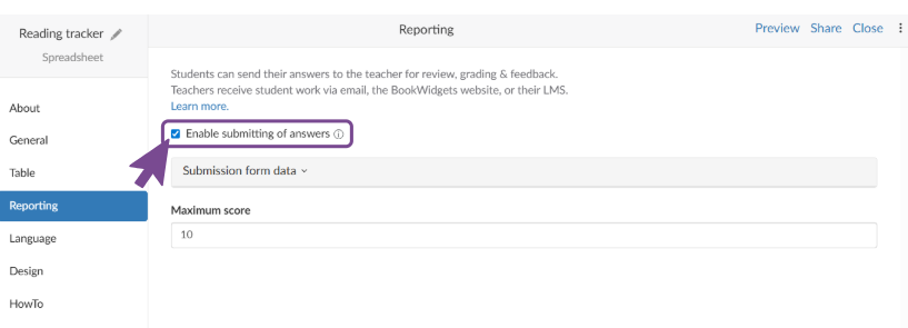 Enable submitting of answers' option in the Reporting tab of a BookWidgets