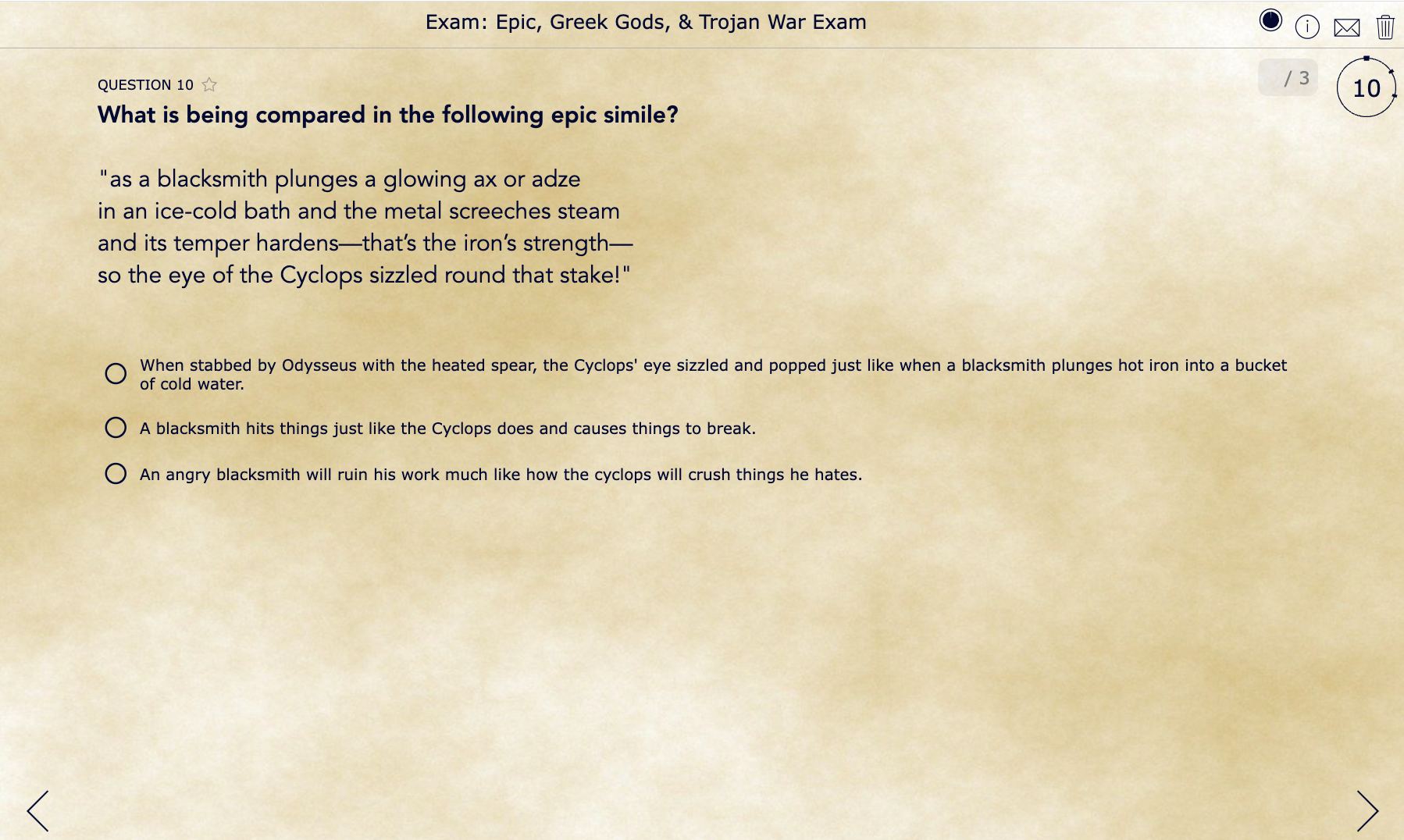 Self-scoring digital exam on Greek mythology and The Odyssey created with the BookWidgets Quiz widget, featuring randomized questions, timers, and automated feedback