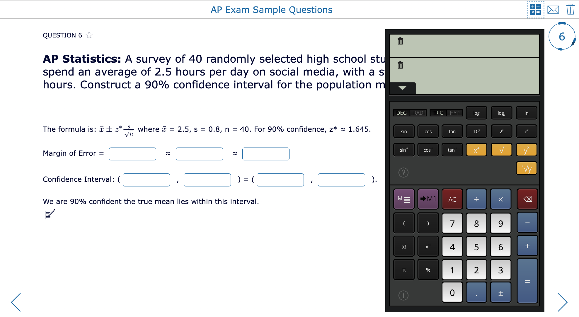 AP Exam practice quiz with randomized questions across subjects, created using the BookWidgets Quiz widget with optional on-screen calculator enabled