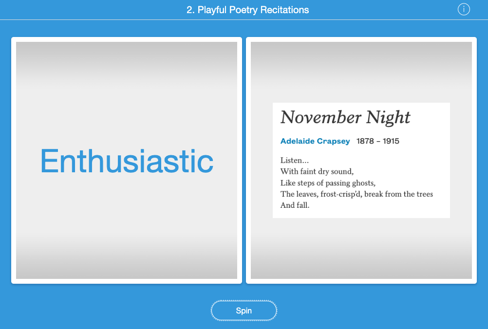 Random poetry spinner for selecting recitation styles and poem choices