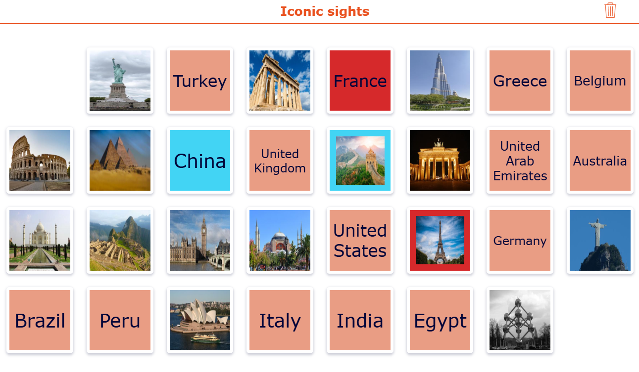 BookWidgets Pair Matching game featuring iconic landmarks and their corresponding countries
