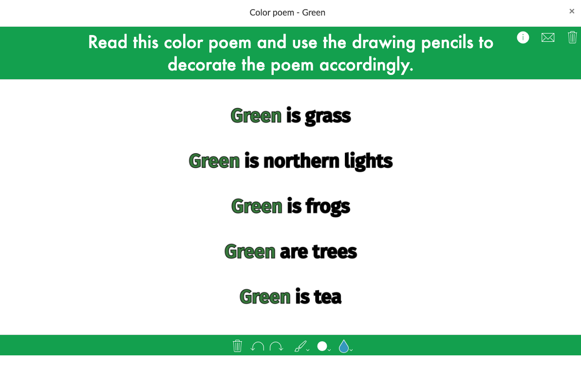 Interactive whiteboard activity for decorating a green-themed poem