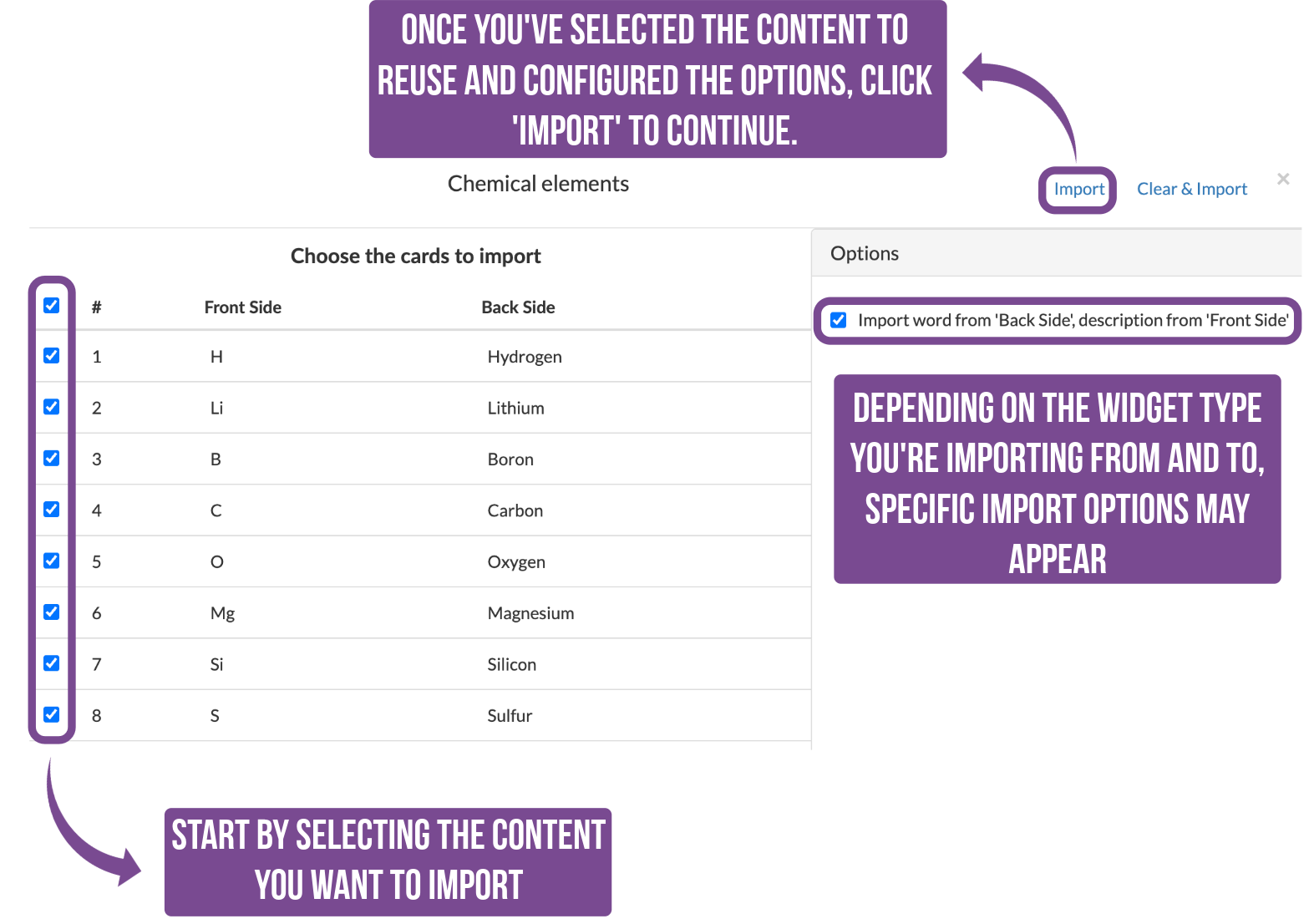 Interface for selecting content to import into a BookWidgets widget