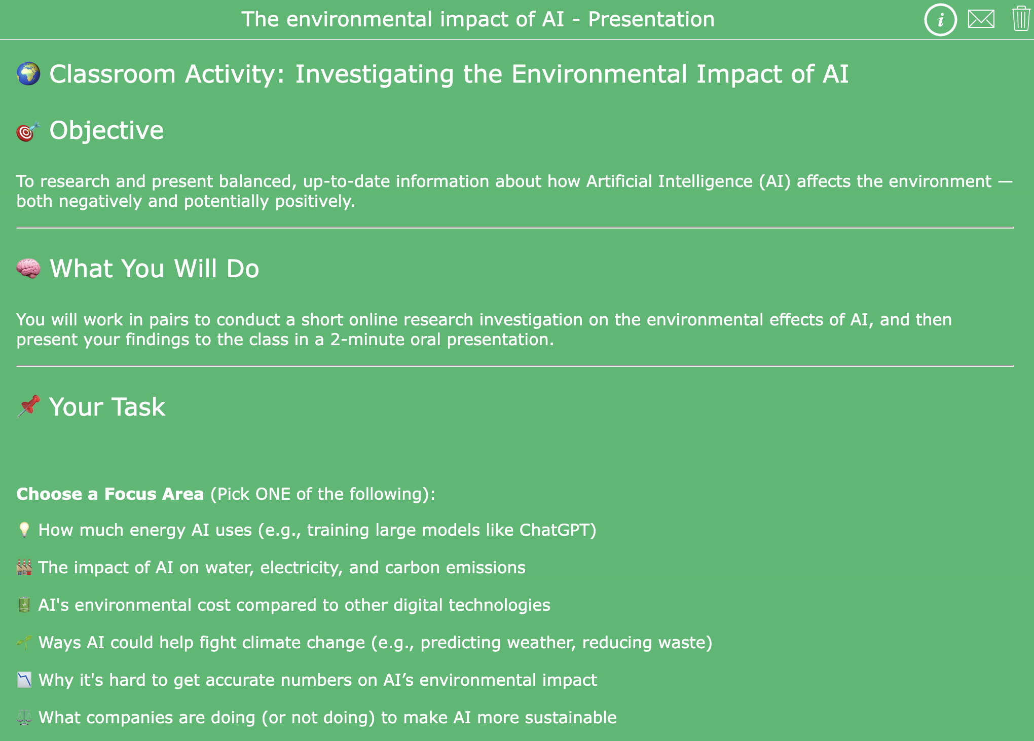 Ready-to-use lesson plan to teach students about artificial intelligence - environmental impact presentation