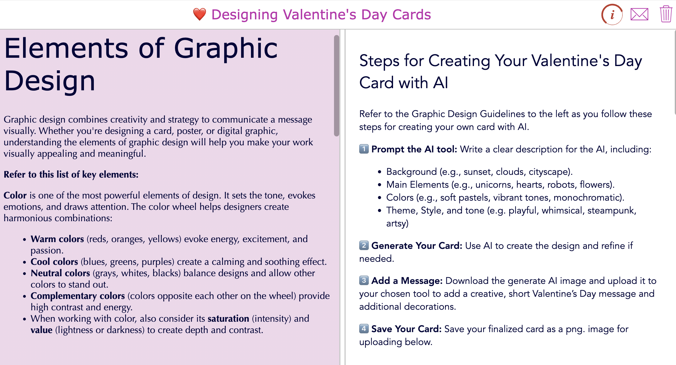 Valentines' Day AI Cards classroom activity - Themed lesson plan for teaching about holidays