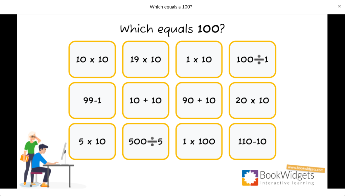 Hotspot Image widget with math problems equaling 100 for interactive learning