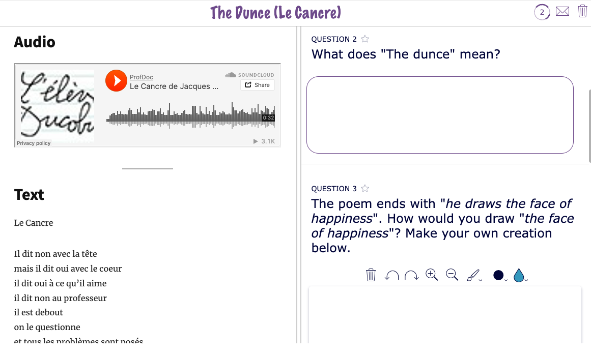 French multimedia poetry lesson with video and drawing activity
