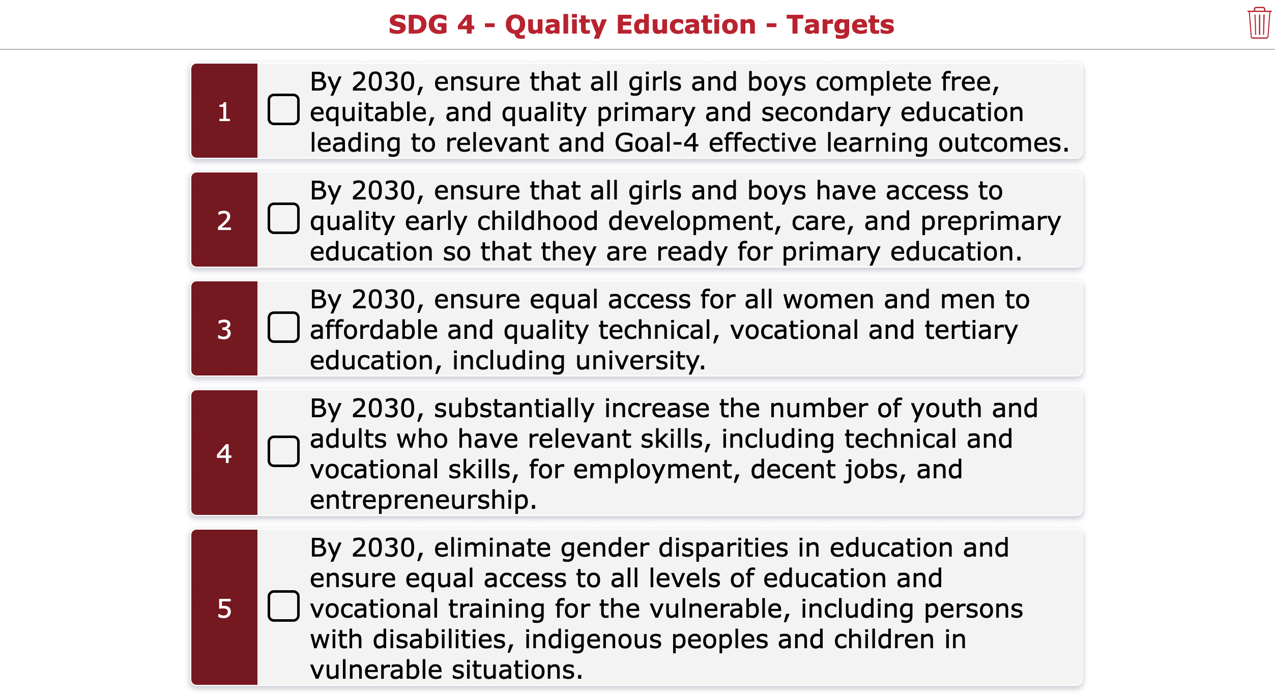 SDG 4 quality education goals Checklist